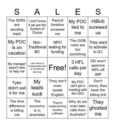 Sales Excuse Bingo Card