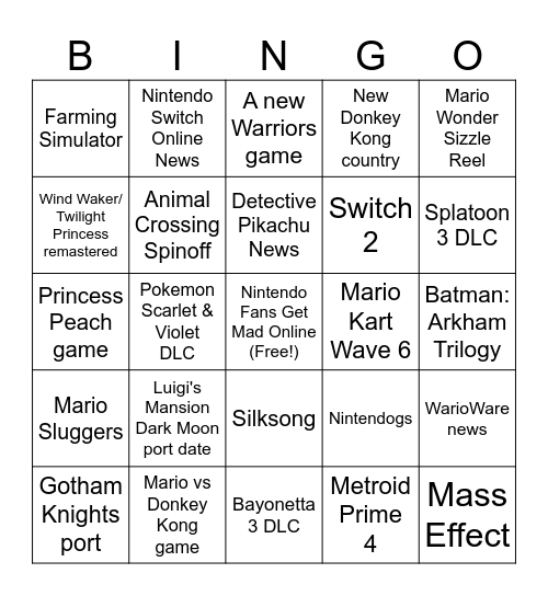 Nintendo Direct September '23 Bingo Card
