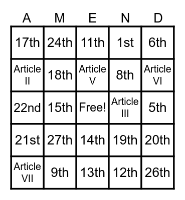 National Constitution Day Bingo Card