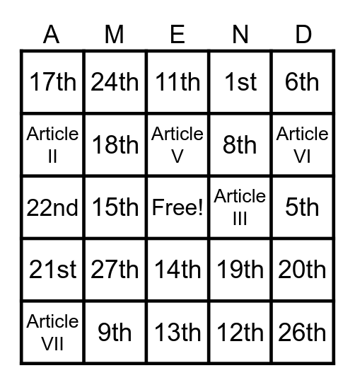 National Constitution Day Bingo Card