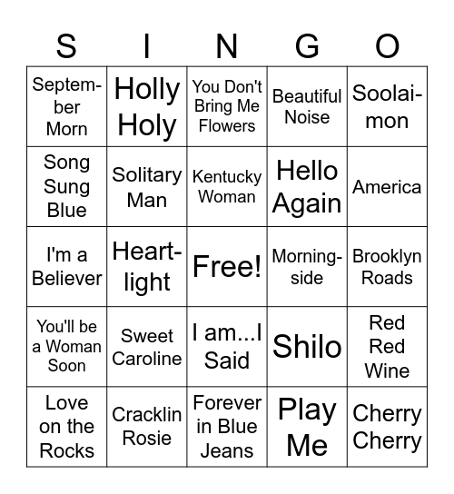 Singo- Neil Diamond Bingo Card