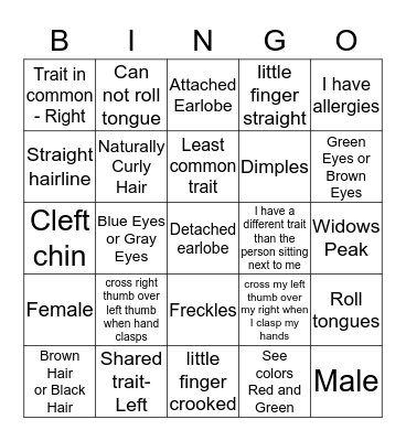 Heredity Traits Bingo Card