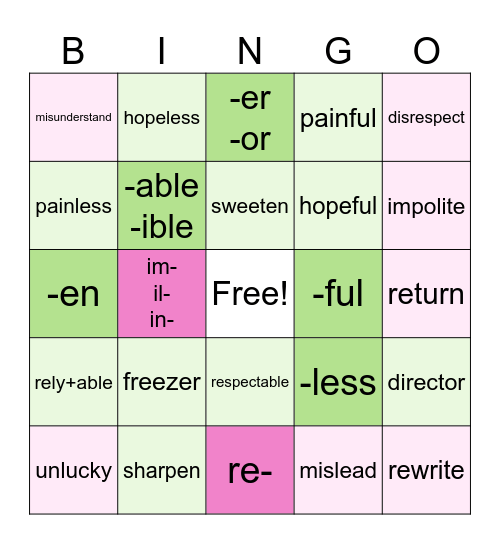 #1Prefix Suffix Bingo Card