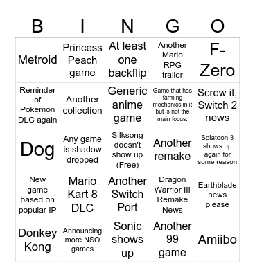 Nintendo Direct 09/14/2023 Bingo Card