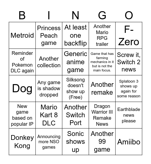 Nintendo Direct 09/14/2023 Bingo Card