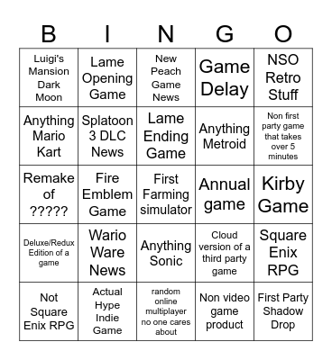 Nintendo Direct Bingo Card