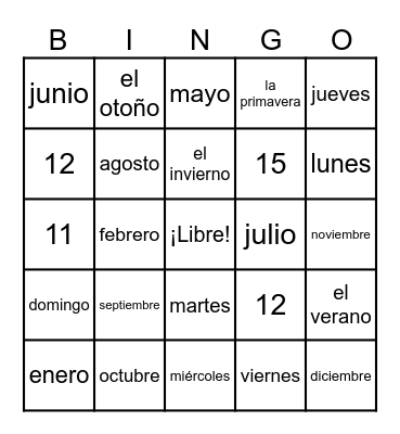 Spanish SEASONS, MONTHS & Days Bingo Card