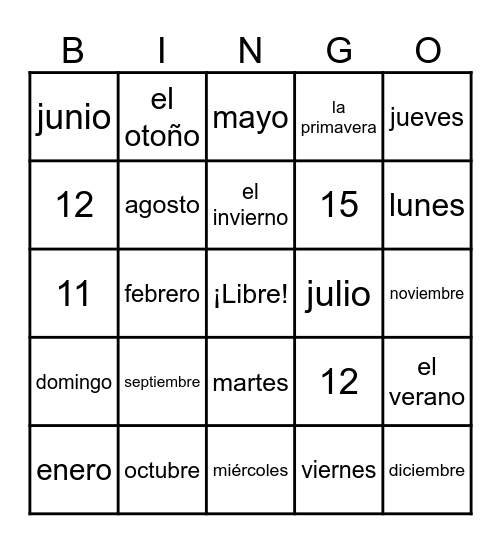 Spanish SEASONS, MONTHS & Days Bingo Card