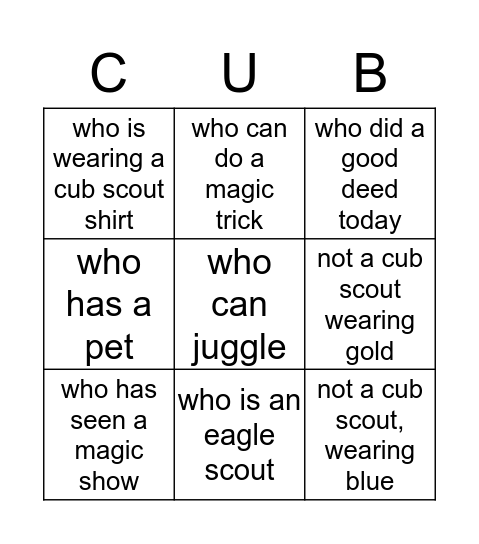 Cub Scout Magic Bingo Card