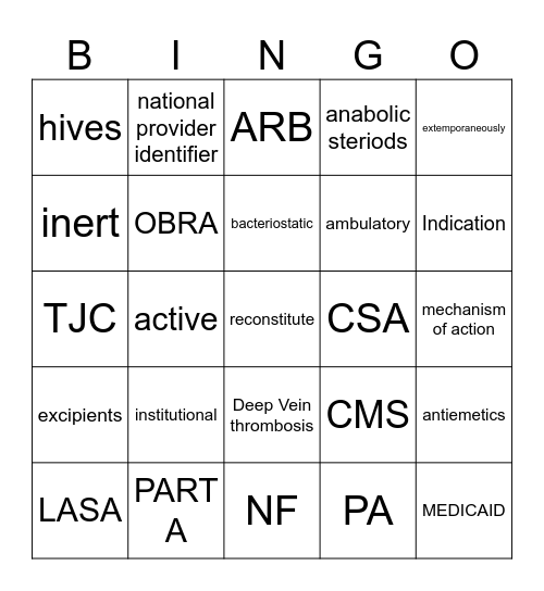 Vocabulary words Bingo Card