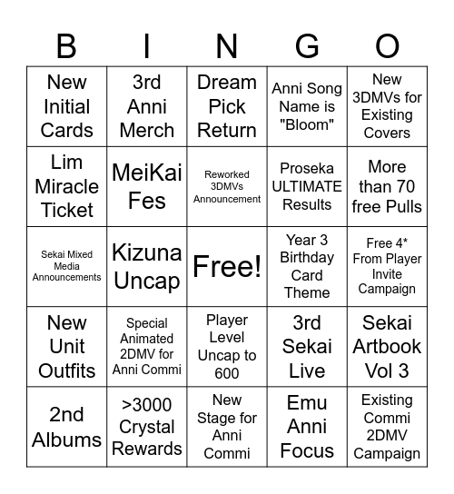 Anni Stream Bingo Card