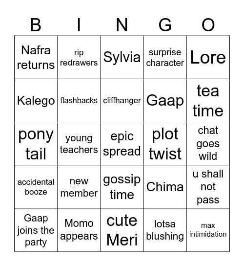 Girl's Talk 2 Bingo Card