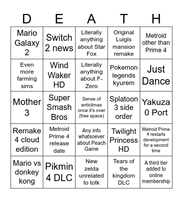 Nintendo Direct 2023-09-14 Bingo Card