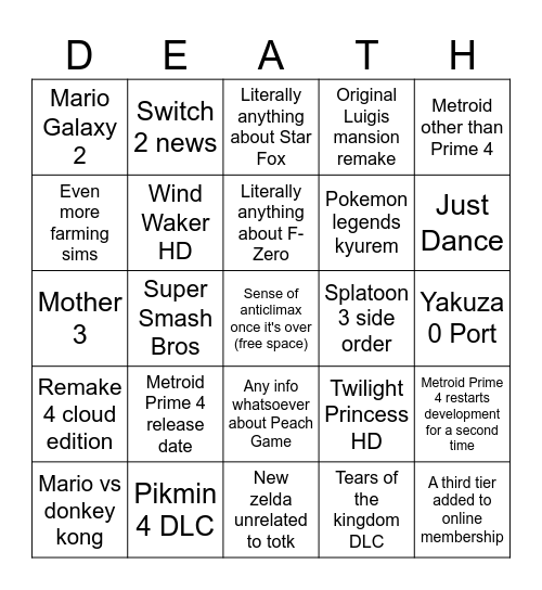 Nintendo Direct 2023-09-14 Bingo Card