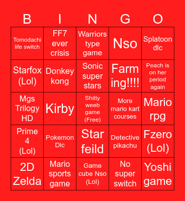 Nintendo direct Bingo Card