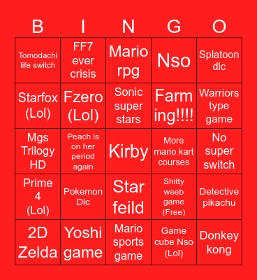 Nintendo direct Bingo Card