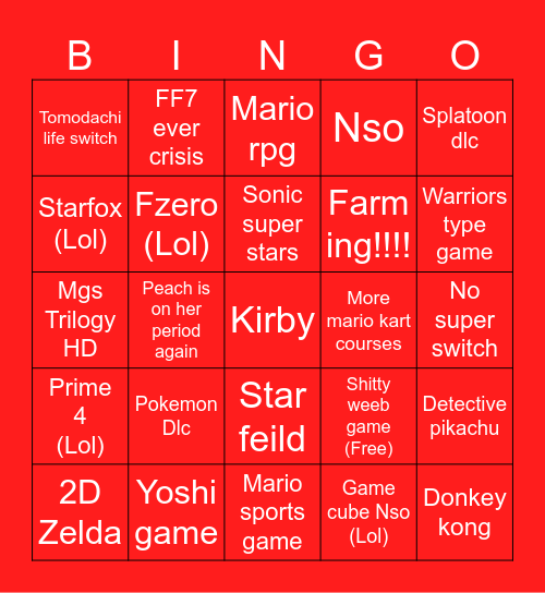 Nintendo direct Bingo Card