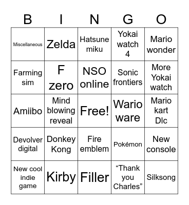 Nintendo Direct 9/14/2023 Bingo Card