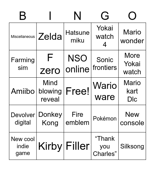 Nintendo Direct 9/14/2023 Bingo Card