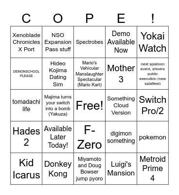 nintendo direct Bingo Card