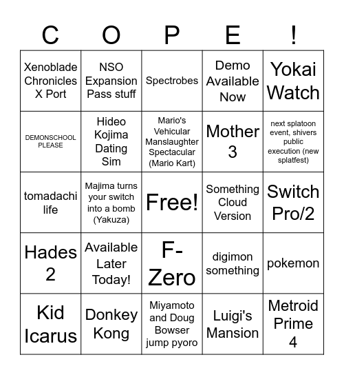 nintendo direct Bingo Card