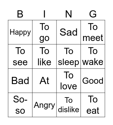 Emotions and Verbs Bingo Card