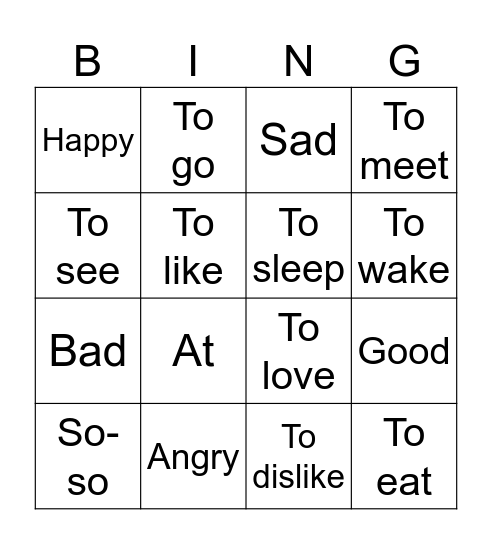 Emotions and Verbs Bingo Card