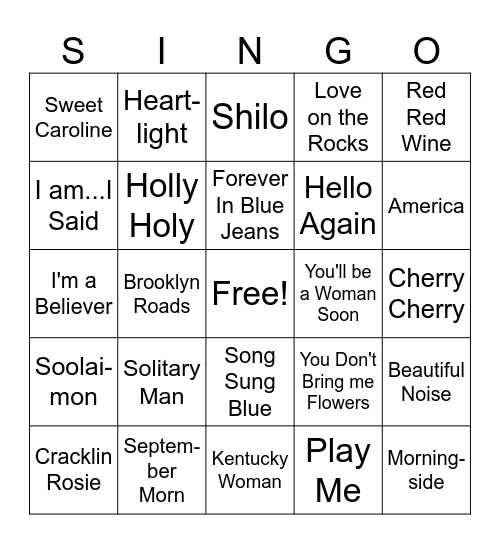 Singo- Neil Diamond Bingo Card