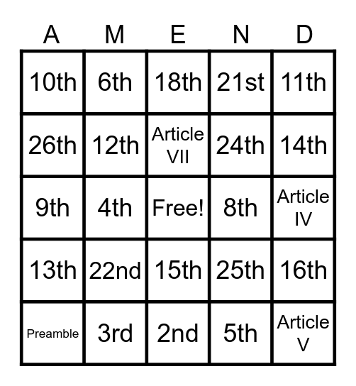 National Constitution Day Bingo Card