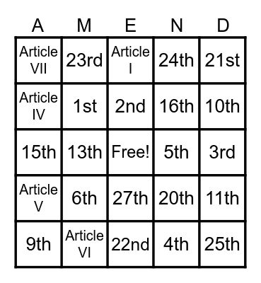 National Constitution Day Bingo Card