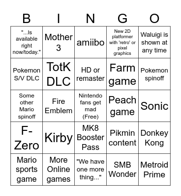 Nintendo Direct 13/9/23 Bingo Card