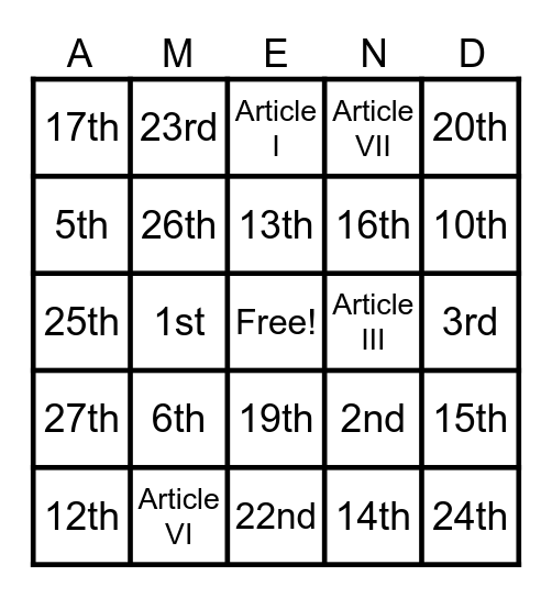National Constitution Day Bingo Card