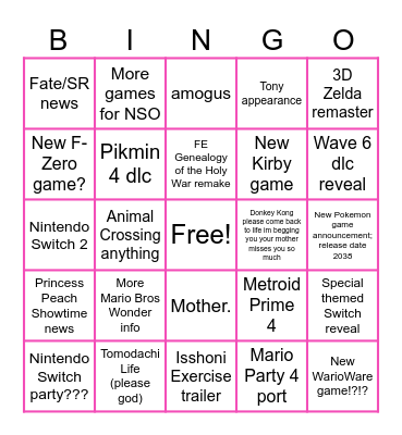 sept 14 nintendo direct bingo Card