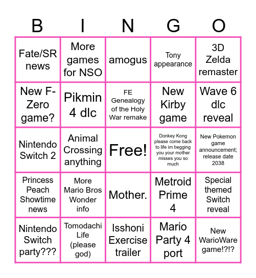 sept 14 nintendo direct bingo Card