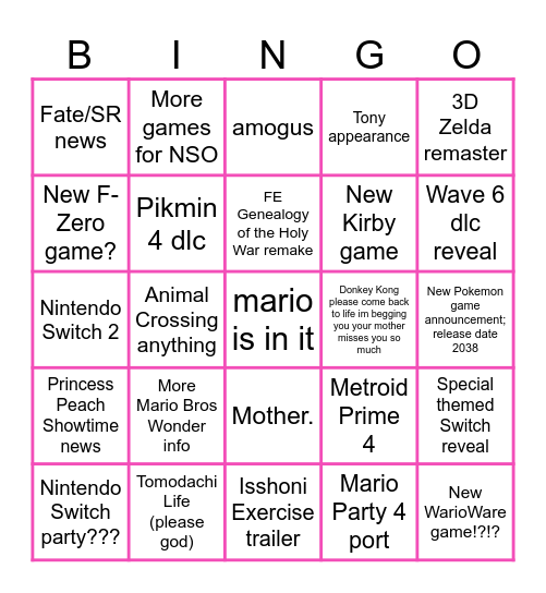 sept 14 nintendo direct bingo Card