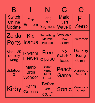 Nintendo Direct September 2023 Bingo Card