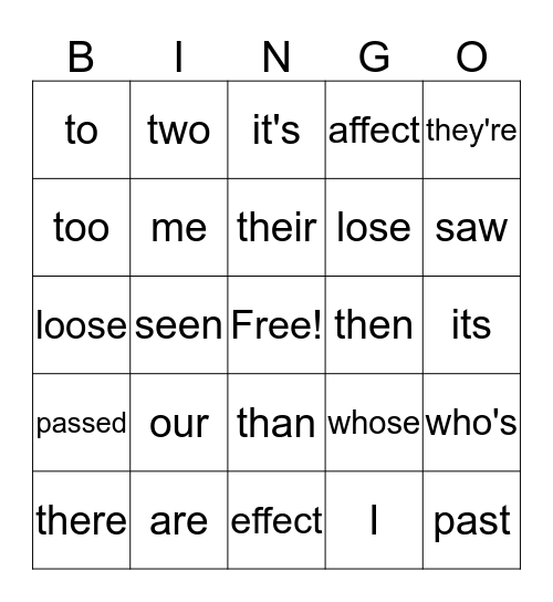 Which Word? Bingo Card