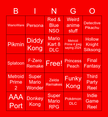 Nintendo Direct 9/14/23 Bingo Card