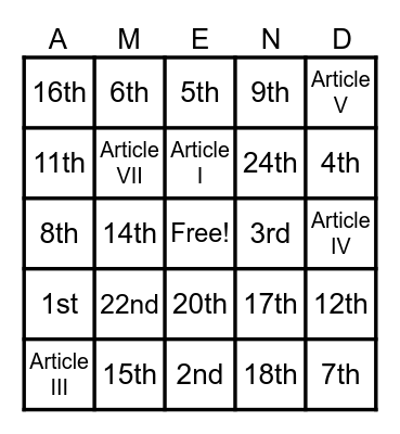 National Constitution Day Bingo Card