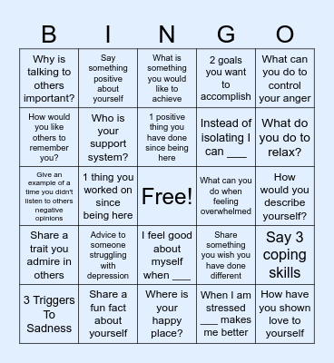 Mental Health Bingo Card