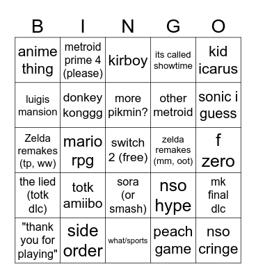 September Nintendo Direct 2023 Bingo Card