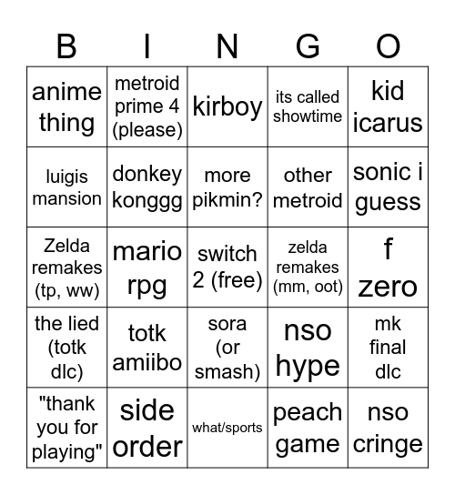 September Nintendo Direct 2023 Bingo Card