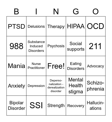 Mental Health Education Bingo Card