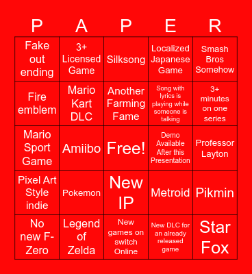 Nintendo Direct Setptember 2023 Bingo Card