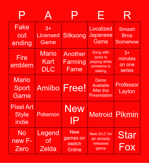 Nintendo Direct Setptember 2023 Bingo Card