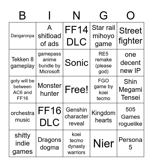 Tokyo Gameshow Bingo Card