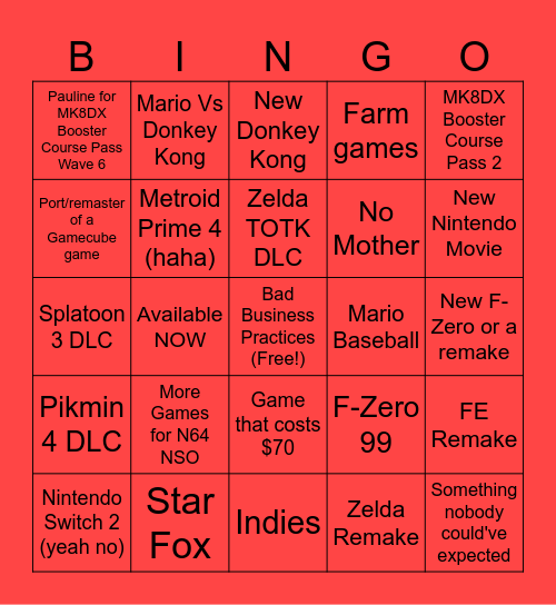 Nintendo Direct September 2023 Bingo Card