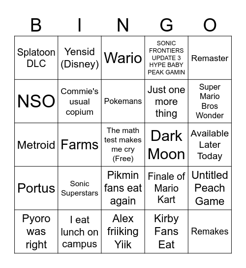 The United Nintendo of the Gaming Industry Bingo Card