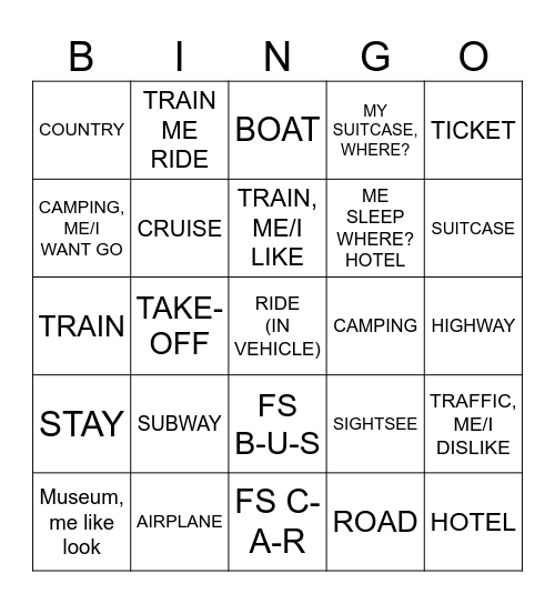 Unit 1: Topic 2: Travel Bingo Card