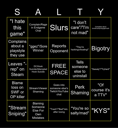 Salty DBD Streamer Bingo Card